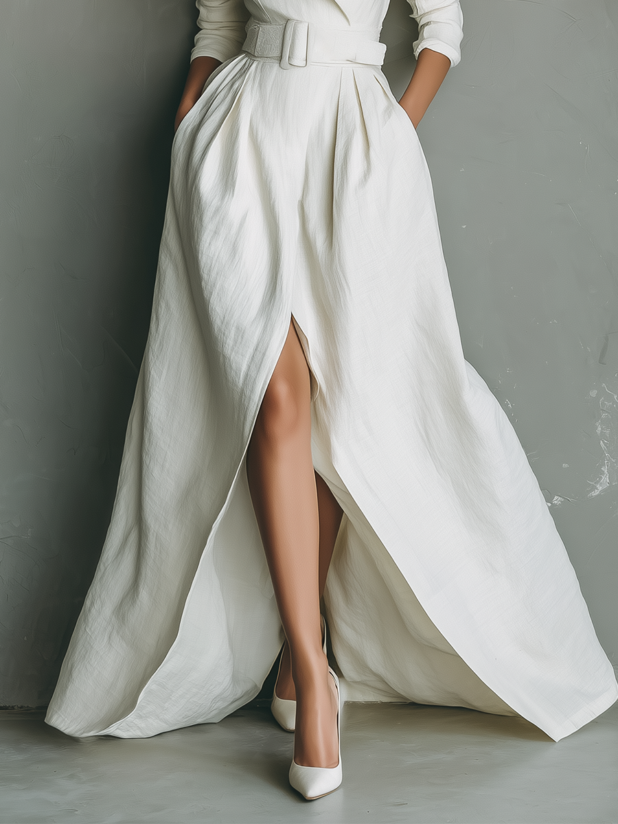 Women's White Cotton-Linen Blended Stand Collar Waist-Cinched Maxi Dress  (Without Belt) MDA2571G2T