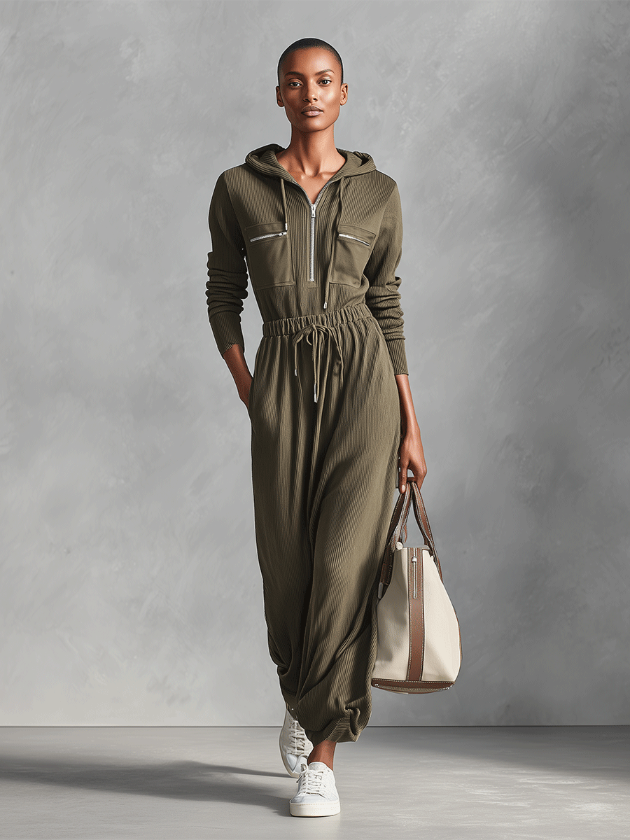 Women's Olive Green Soft Knit Loose-Fitting Hooded Jumpsuit MDA0541I0I