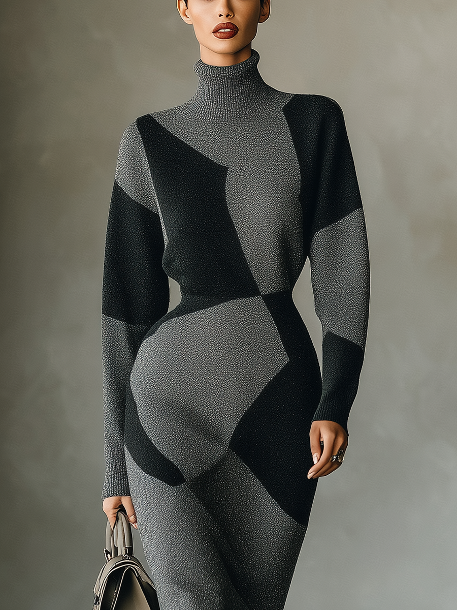 Women's Gray And Black Irregular Square Knitted Midi Dress MDA1979I3T