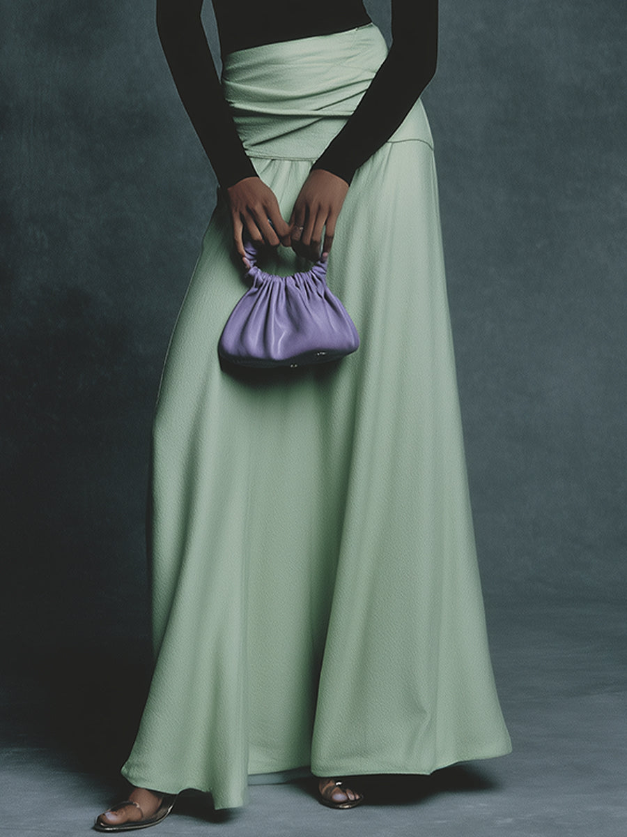 Women's Black & Green Contrast Woven Set With V-Neck Top & Maxi Skirt, Timeless Elegant-Chic Style Set MDA1735L0I