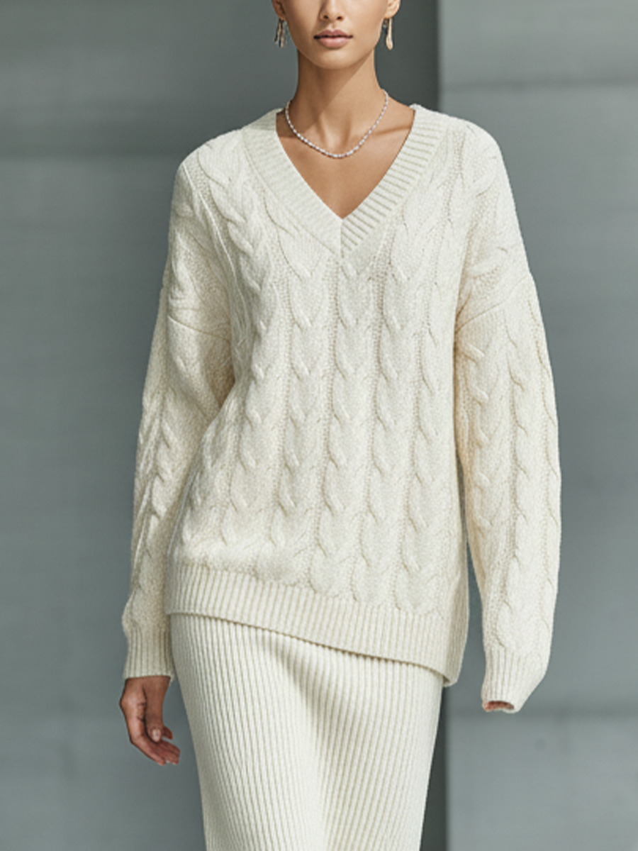 Women's Ivory Cable-Knit Sweater & Ribbed Knit Midi Skirt Set MDA1558L3T