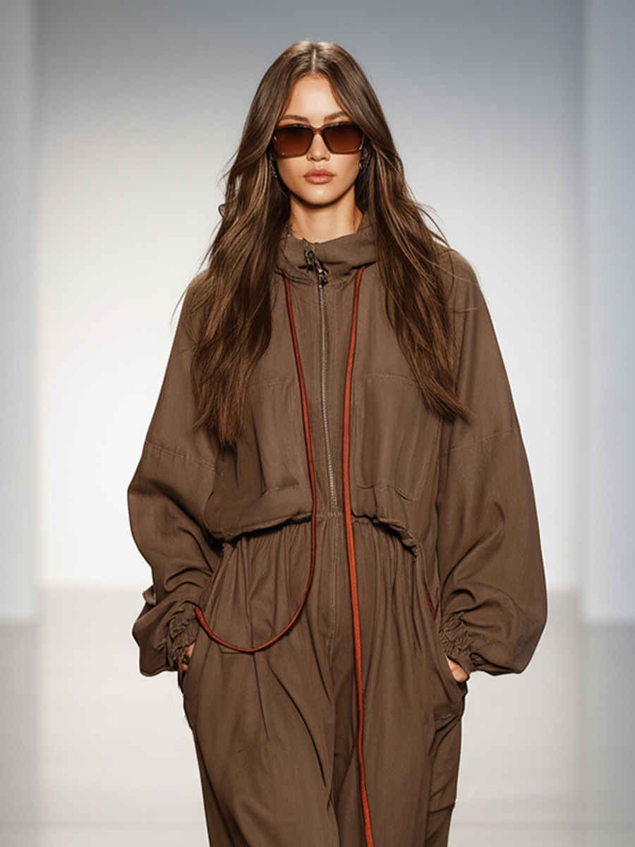 Women's Chocolate Brown Cotton Blend Hooded Dress With Contrasting Drawstring Midi Dress MDA0356K2I