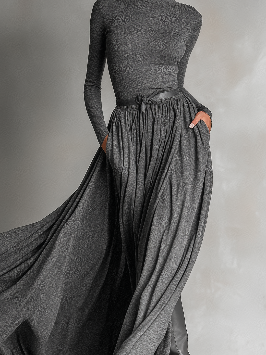 Women's Fashionable And Elegant Gray Stretch Slim Fit Long-sleeved High-neck Dress (without Belt) MDA2945K3AN