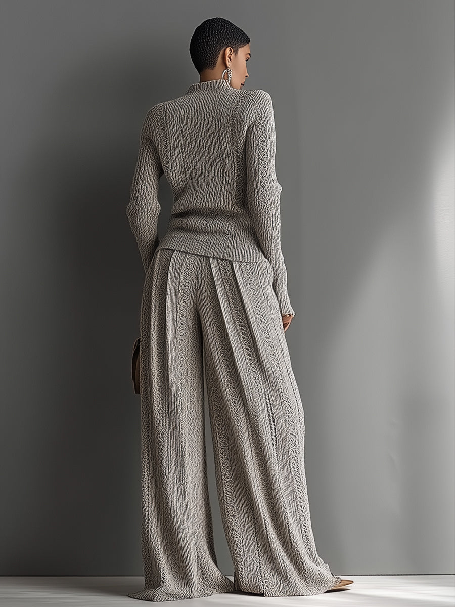 Women's Taupe Elegant Knit Textured Sweater & Wide - Leg Pants Set MDA1453H6I
