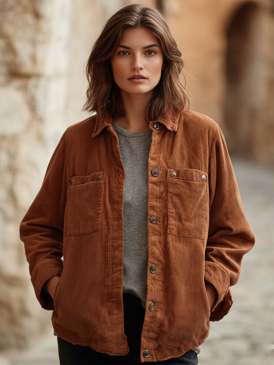 Women's Brown Corduroy Classic Casual Pocket Jacket MDA2829J5I