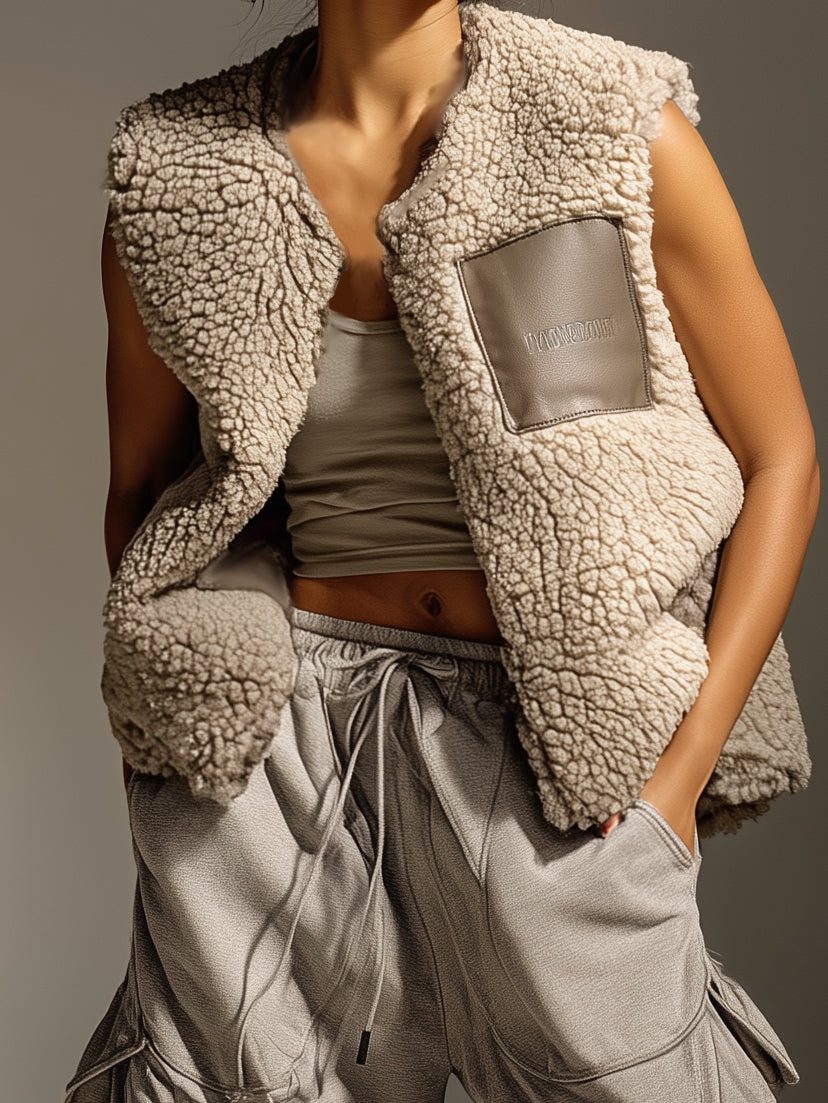 Women's Fashionable Casual White Fleece Crew Neck Vest MDA2753K3AN