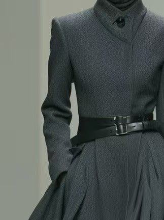 Elegant Grey Stand-up Collar, Fitted Shoulder Coat Dress For Women (belt Not Included) MDA0633K7AN