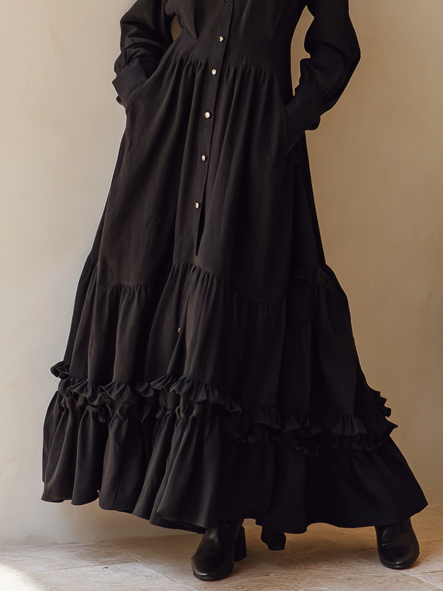Women's Black Cotton Fabric Ruffled Collar Button-Front Tiered Maxi Shirt Dress MDA1206L8T