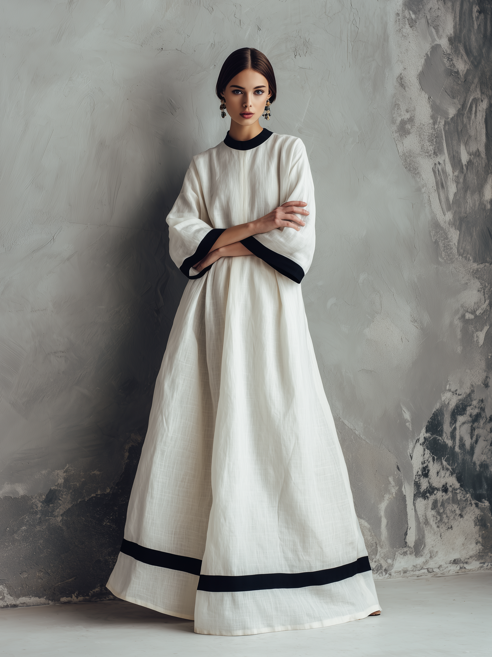 Women's Elegant White Woven Round-neck Long-sleeved Loose-fitting Maxi Dress MDZ1377A2AN