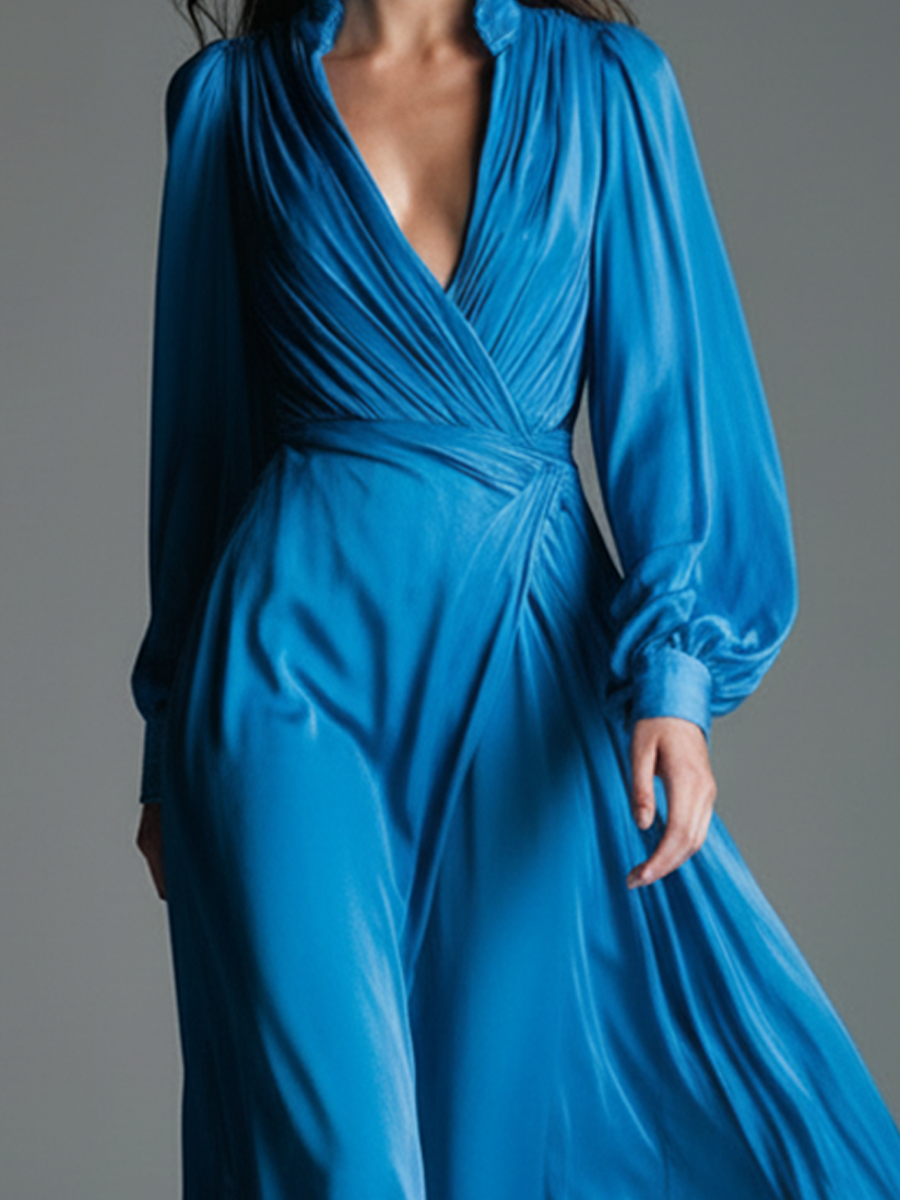 Women's Bright Blue Satin Wrap-Style Puff-Sleeve Long Dress MDA2249L5AP