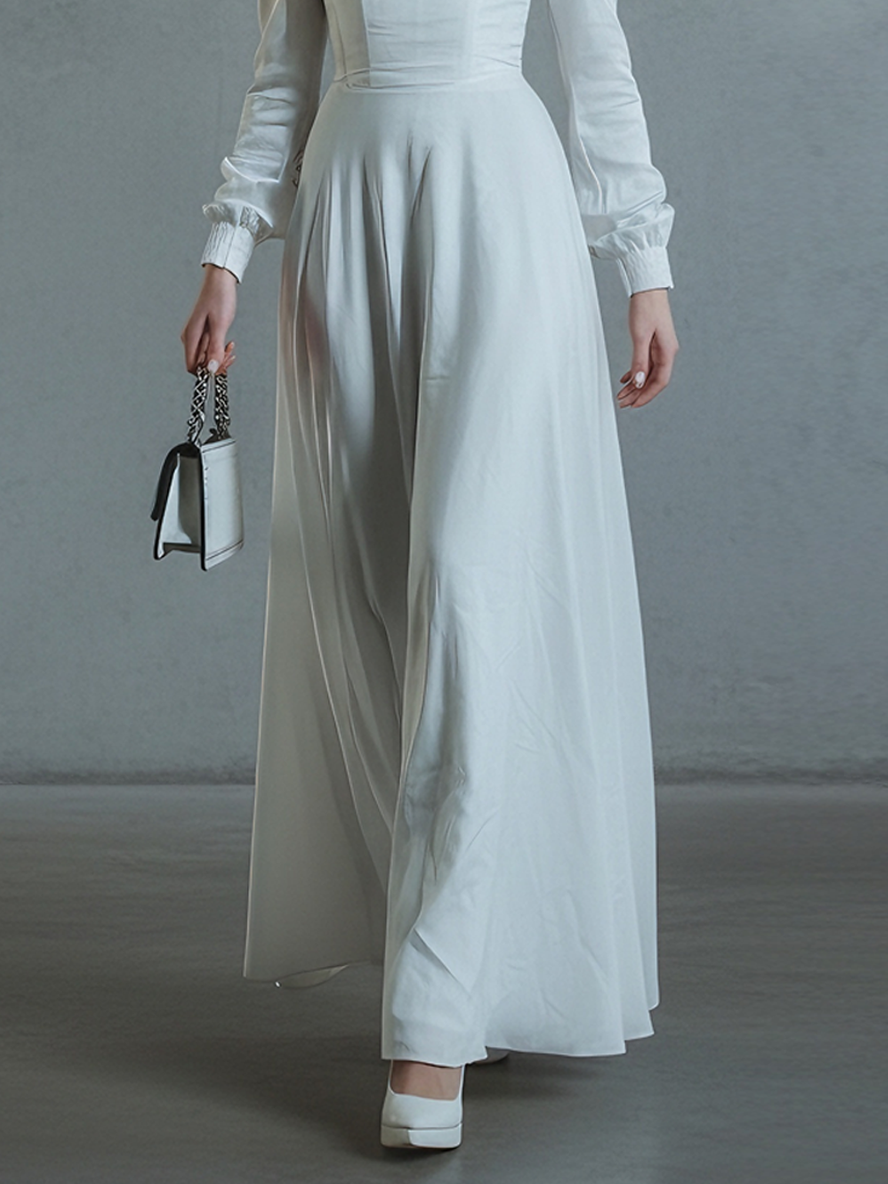 Women's Elegant  Crepe De Chine White Turtleneck Puff-Sleeve Pleated Maxi Dress MDA1256L2AU