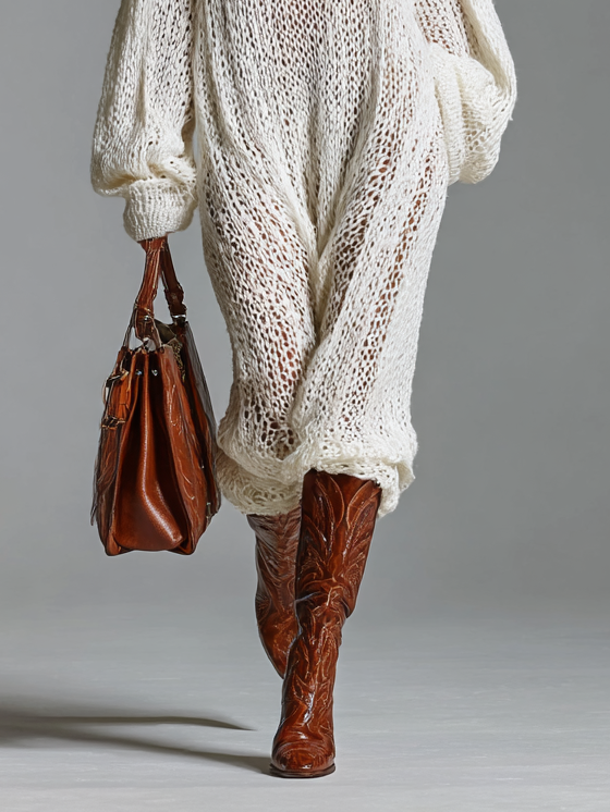 Women's Loose Knitted Round Neck Long Sleeve Maxi Dress MDA1235H4Y