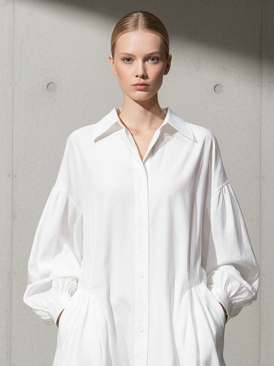 Women's Minimalist Cotton White Shirt-Collar Puff-Sleeve Pocketed Maxi Dress MDA2084L9AU