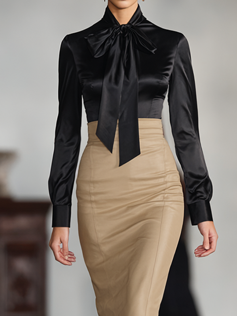 Women's Black Satin Bow-tie Blouse And Beige High-waist Pencil Skirt Set MDA2102K0AP