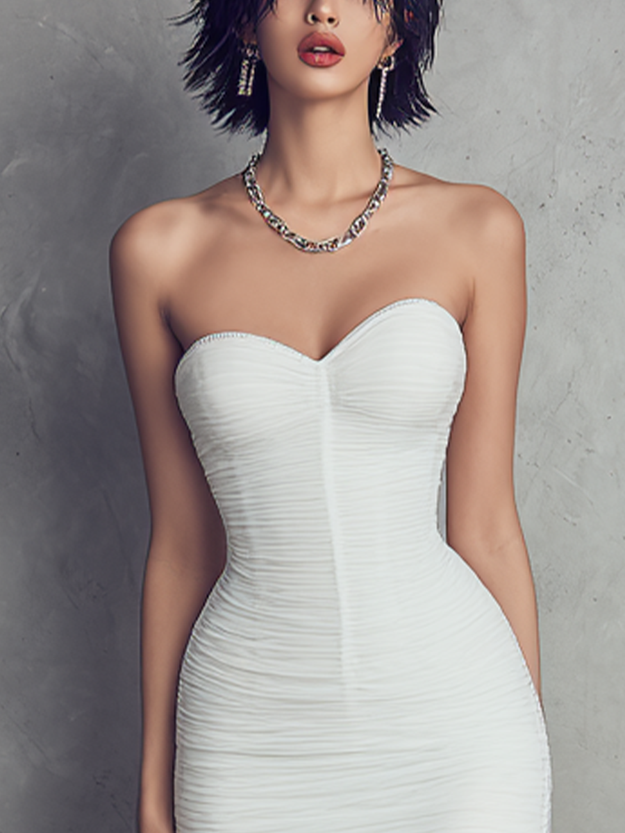 Women's Sexy White Pearl Chiffon Strapless Short Dress MDZ2757A6BA ...