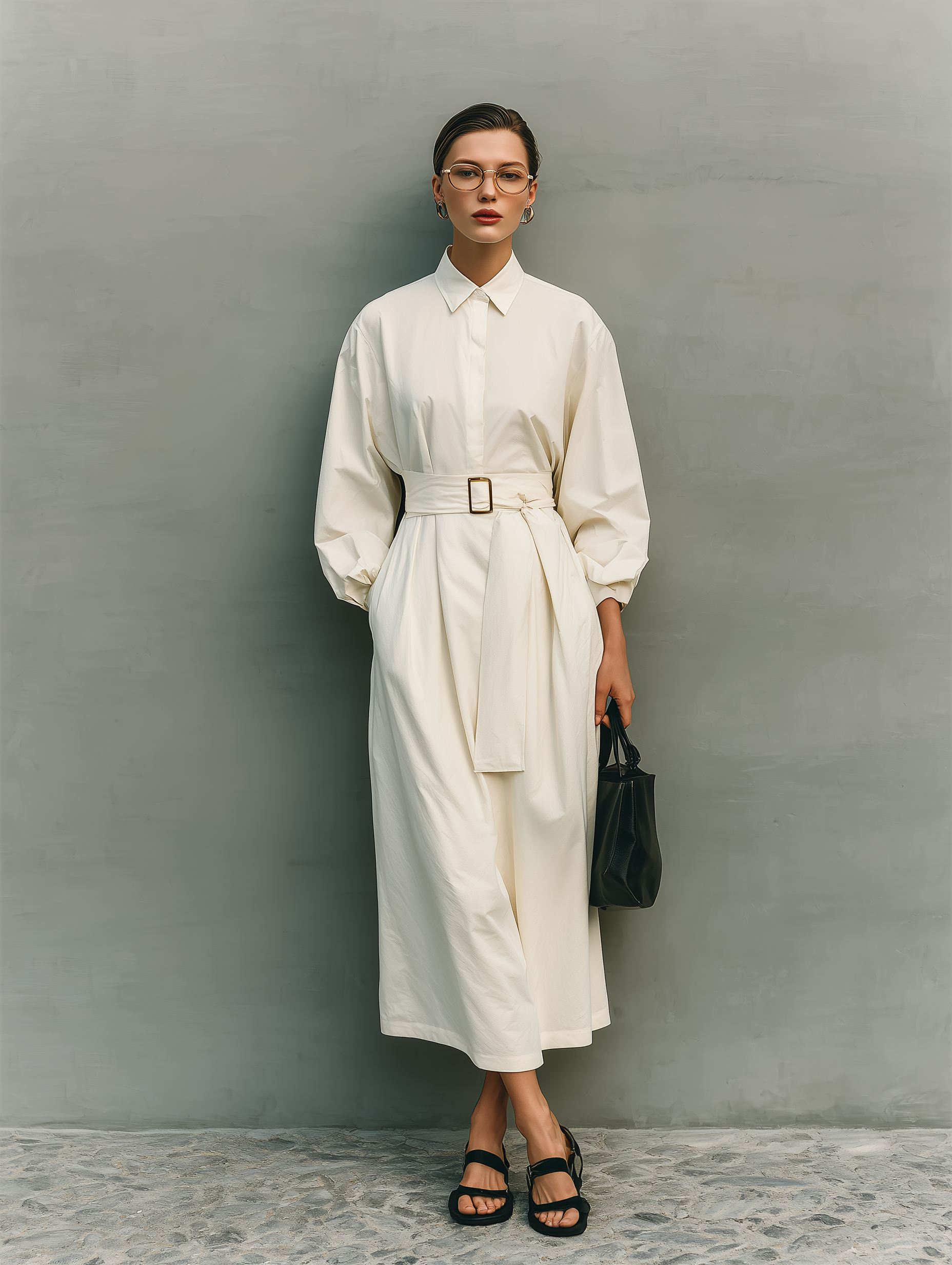 Women's Fashionable And Elegant White Shirt Dress With Long Sleeves, Collar, And Waist Tie MDA1984K9AN