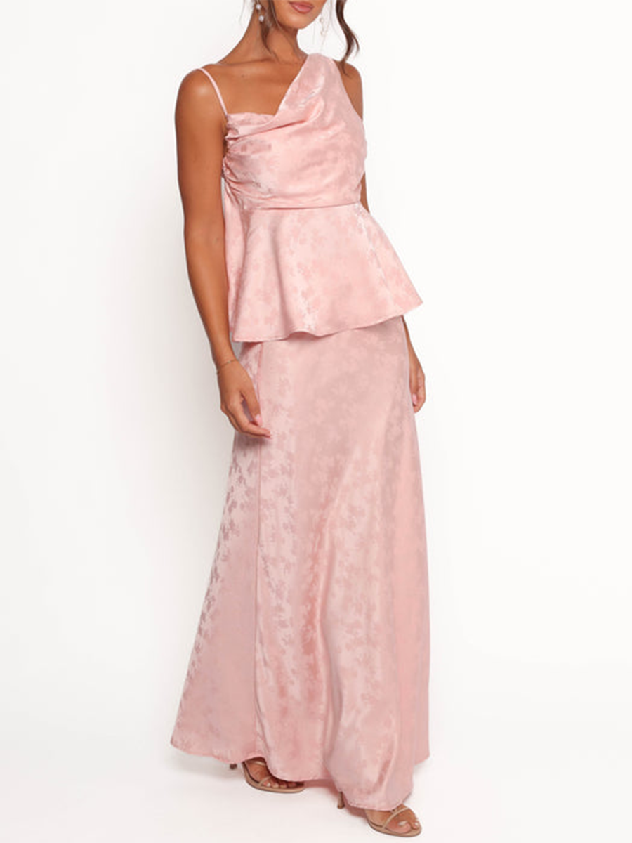 Women's Satin Print Asymmetric One-shoulder Straight Floor-length skirt Set MDA1746F4Y