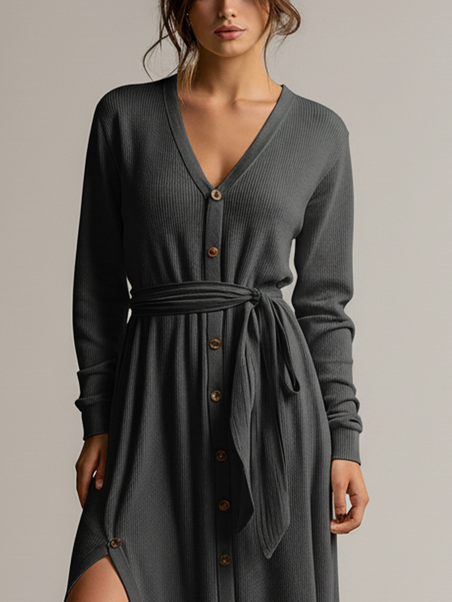 Women's Dark Gray Knit Single-Breasted Tie-Waist Slim Fit Maxi Dress MDA3040J5T