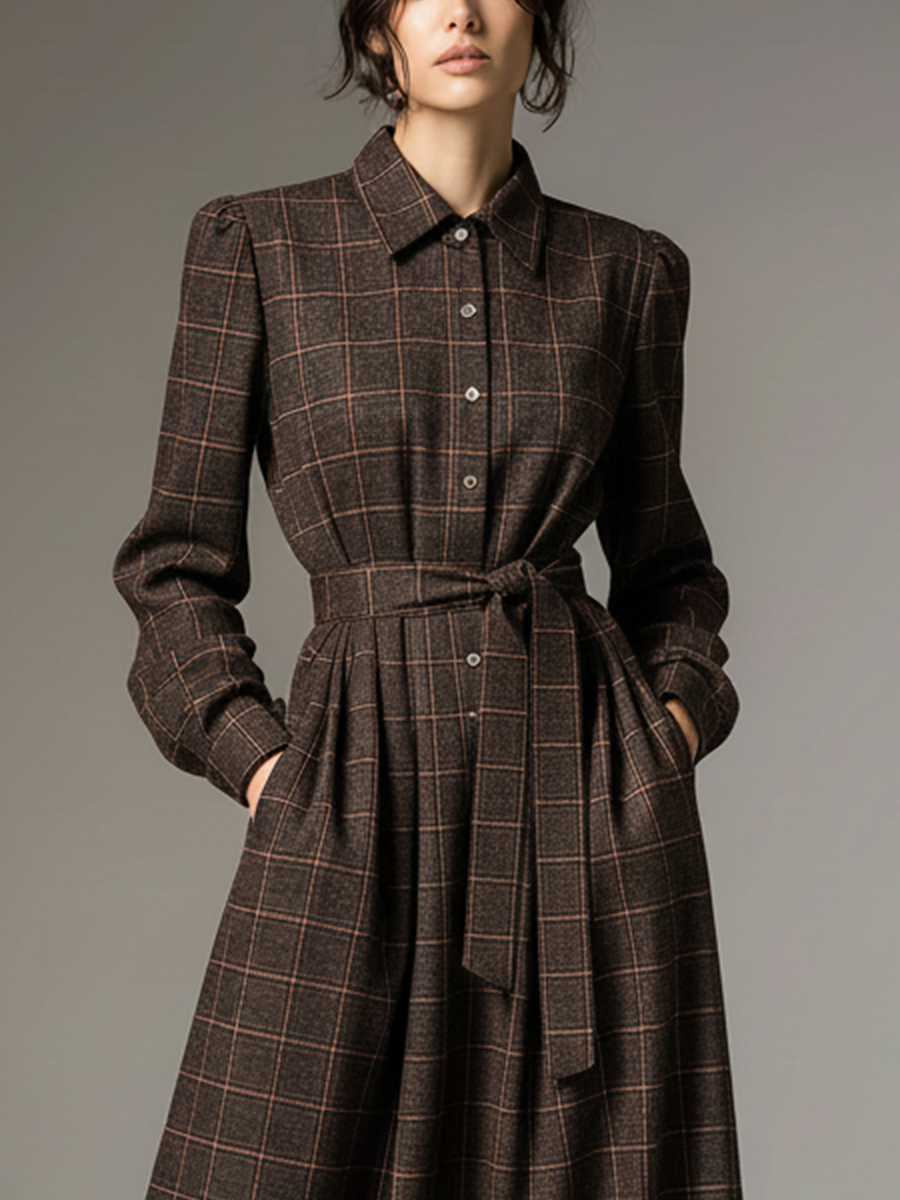 Women's Brown Plaid Tweed Lapel Tie Waist Maxi Dress MDA3124J6T
