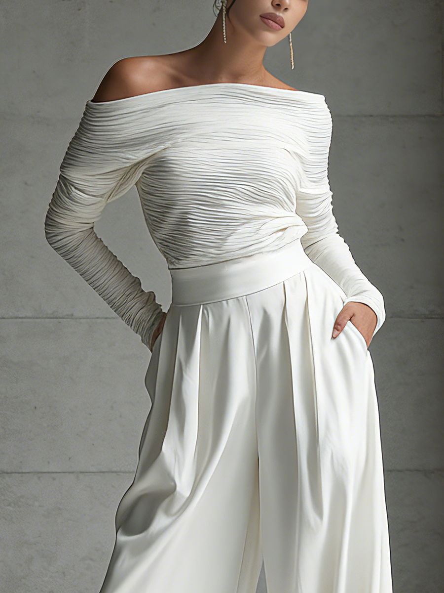 Women's White Cotton Blend Pleated Off-the-shoulder Top And Wide-leg Pants Suit MDA0486L6T