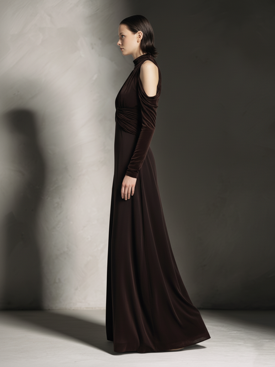 Women's Glam Velvet Chocolate Brown Halter-Neck Cutout Ruched Maxi Dress MDA1601L7AU