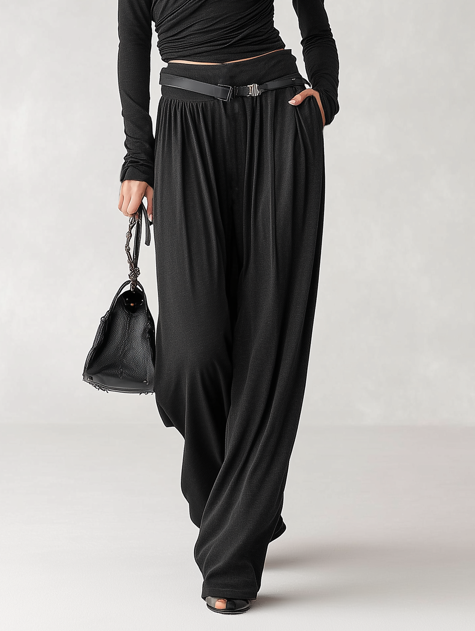 Women's Stretch Blend Boat Neck T-shirt And Wide-leg Pants Set (belt Not Included) MDA3180J2Y