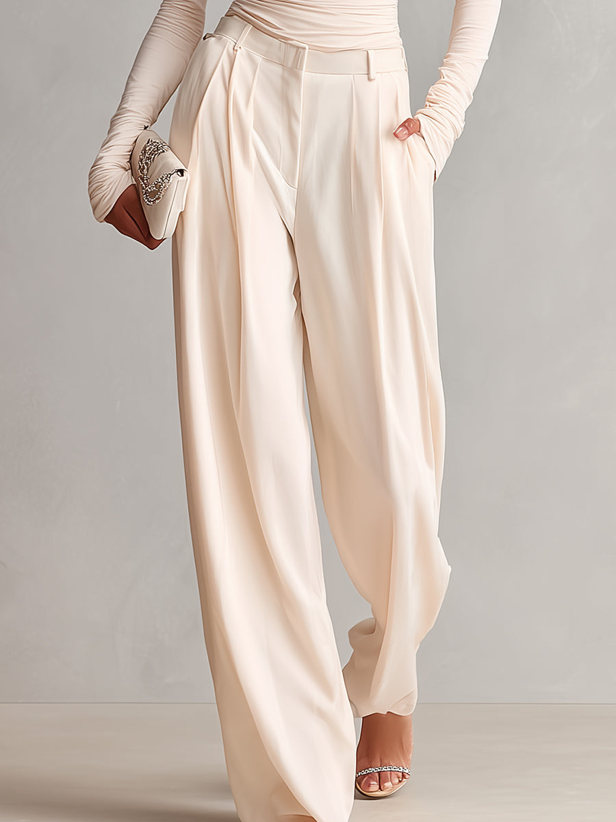Women's Ivory Silky Stretchy Set With One-Shoulder Ruched Top & Wide-Leg Pants, Timeless Elegant Style Set MDA0590L2I