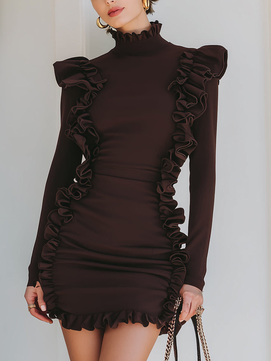 Women's Chocolate Brown Mini Dress With Long Sleeves & Ruffled Panels, Sophisticated Evening-Cocktail Style Dress MDA1992L2I