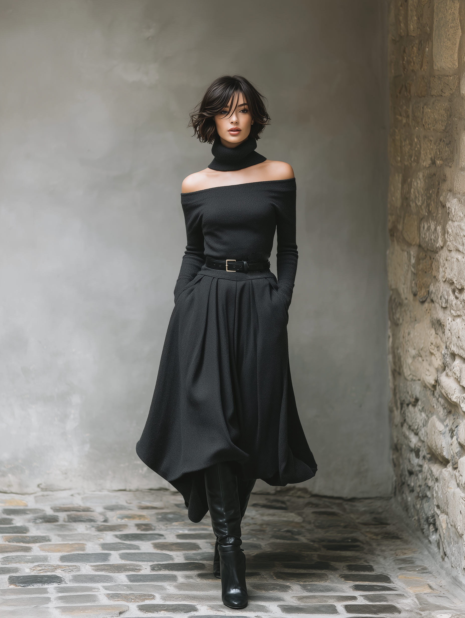 Women's Stylish And Elegant Gray Off-the-shoulder Long-sleeved Knit Top Paired With A Gray Midi Skirt (neck Warmer Not Included) MDA2082K8AN