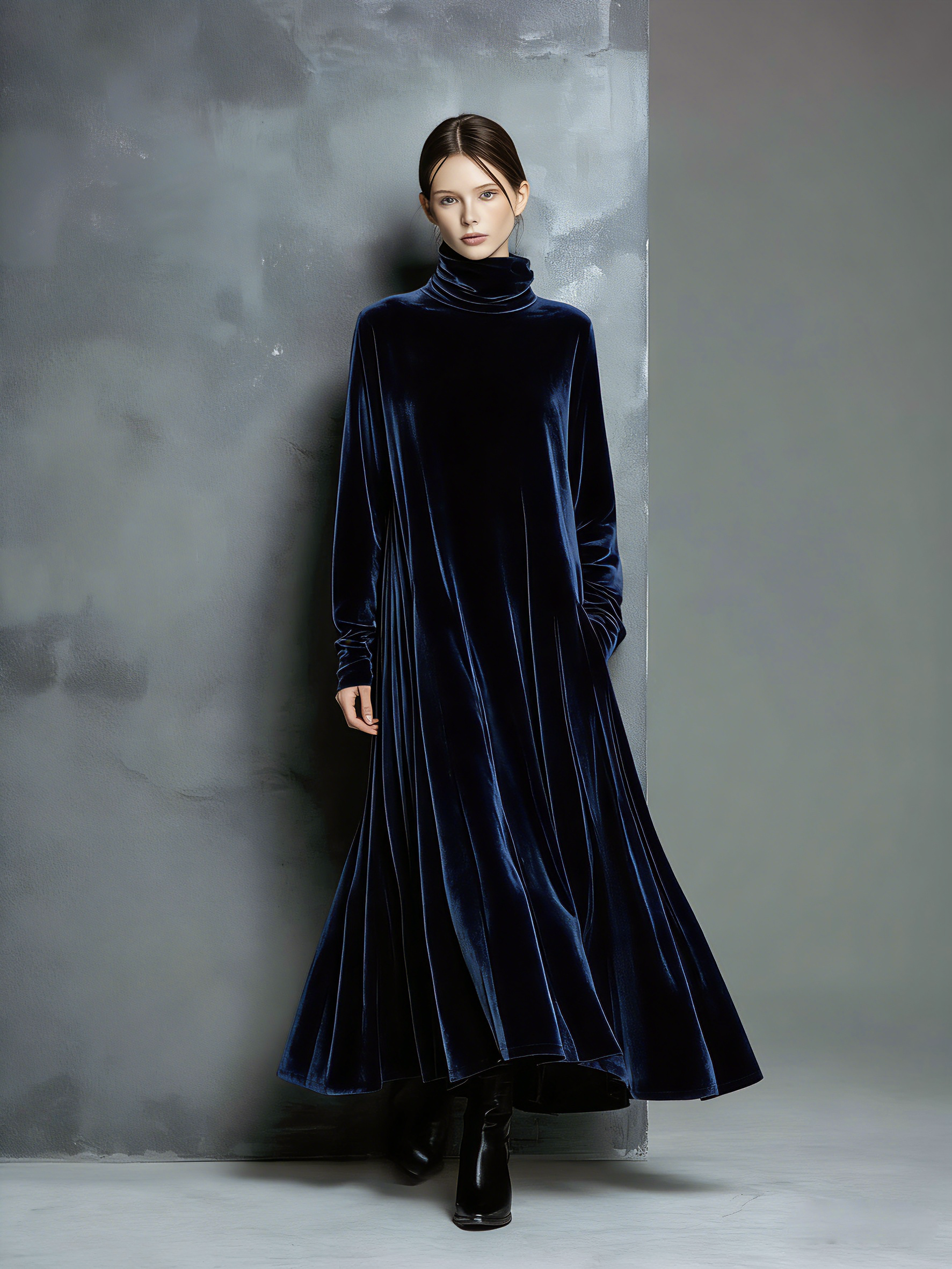 Women's Elegant Navy Blue Velvet High-neck Long-sleeved Loose-fitting Maxi Dress MDZ1680A8AN