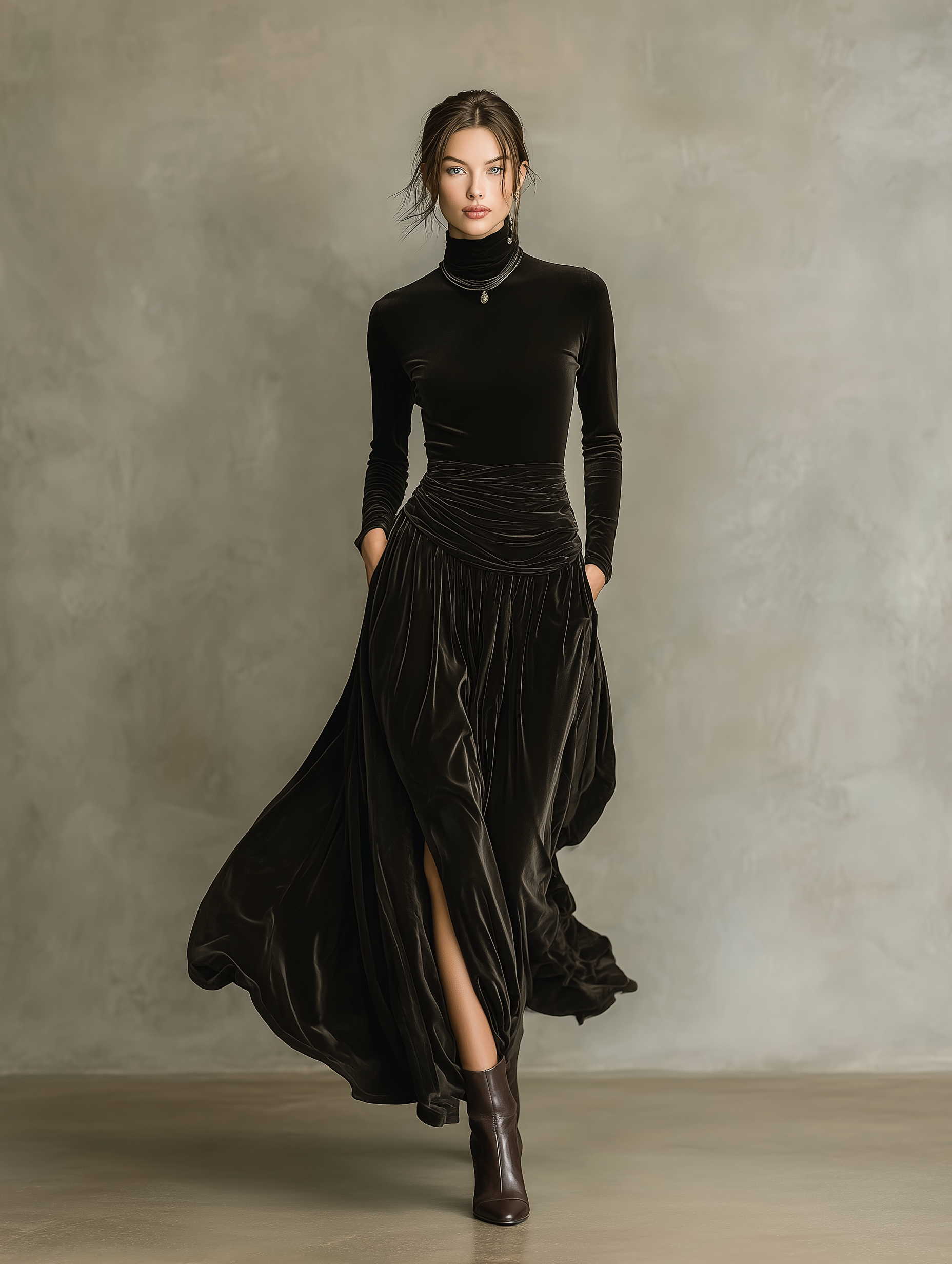 Women's Elegant Black Stretch Velvet Long-sleeved Fitted Waist Pleated Maxi Dress MDA1869L3AN