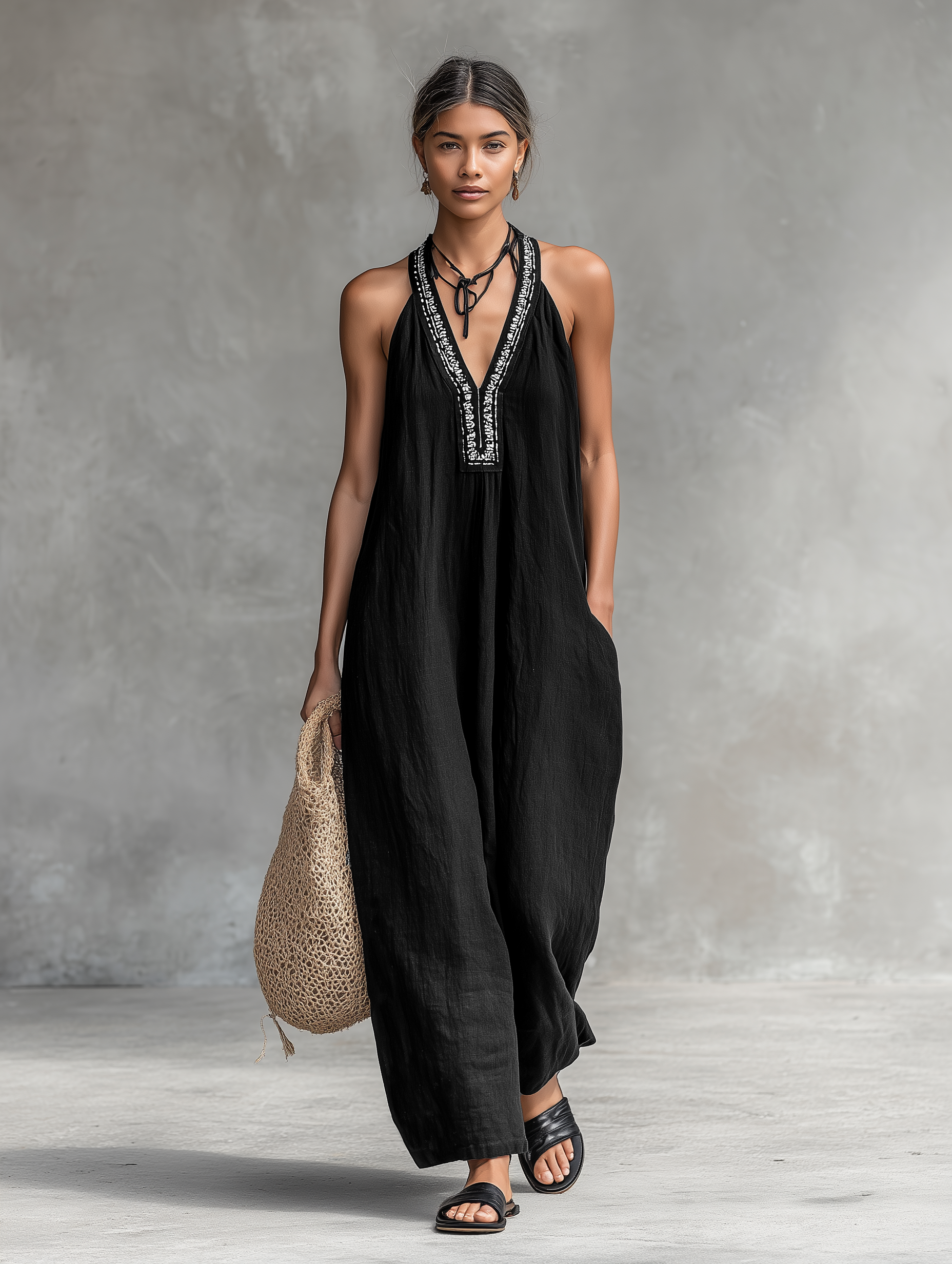 Women's Minimalist V-neck Embroidered Sleeveless Maxi Dress MDZ0682B1Y