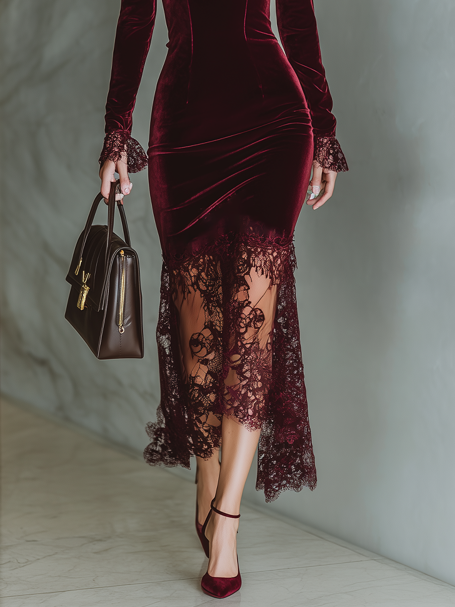 Women's Burgundy Velvet Lace Fitted Maxi Dress MDA1190J4T