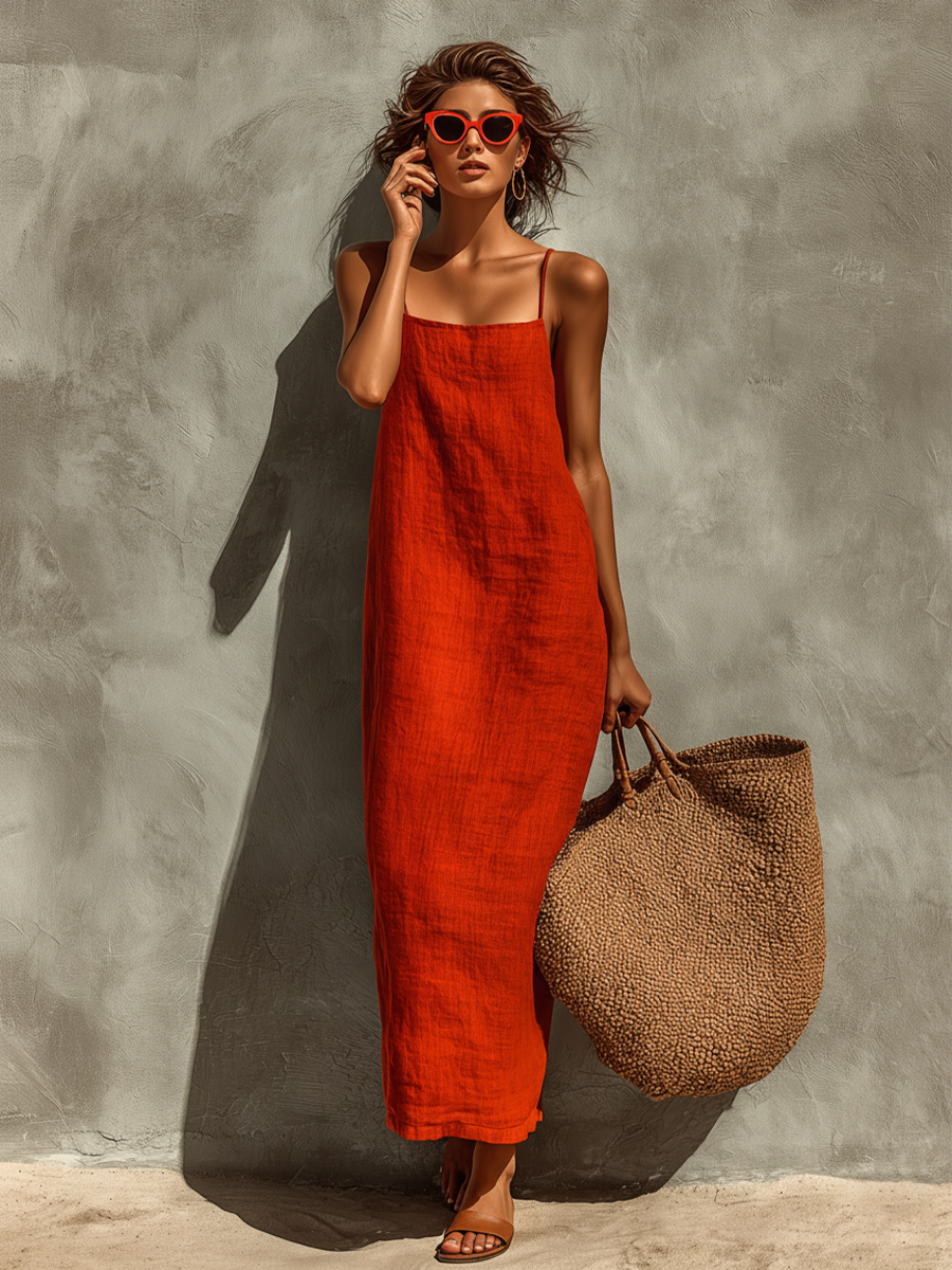 Women's Red Cotton Dress With Spaghetti Straps & Square Neck, Timeless Boho-Resort Style Dress MDZ0924C3I