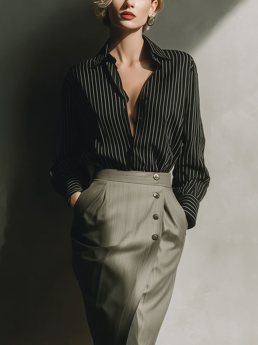 Women's Black Striped Cotton Blend Shirt And Gray Pencil Skirt Set MDA1791L4T