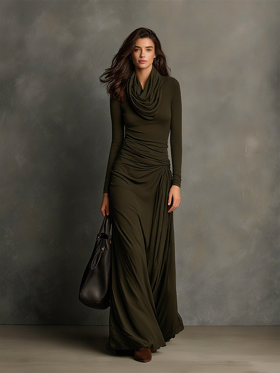 Women's Olive Green Draped Knit Maxi Dress With Cowl Neck & Flowy Hem, Timeless Elegant Dress MDA3013J5I