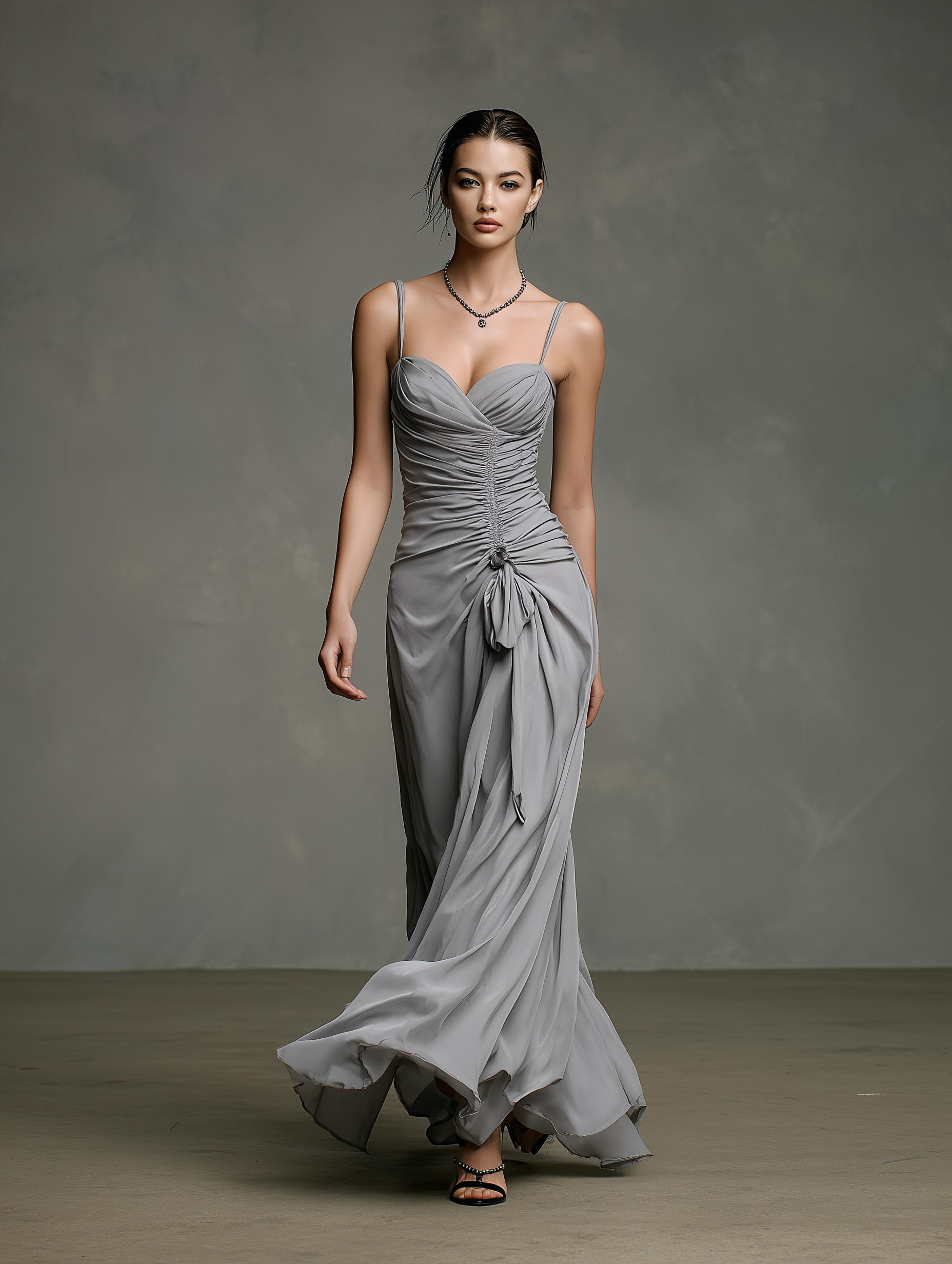 Women's Fashionable Gray Chiffon Sleeveless Maxi Dress With Ruched Waist MDZ0614A9AN