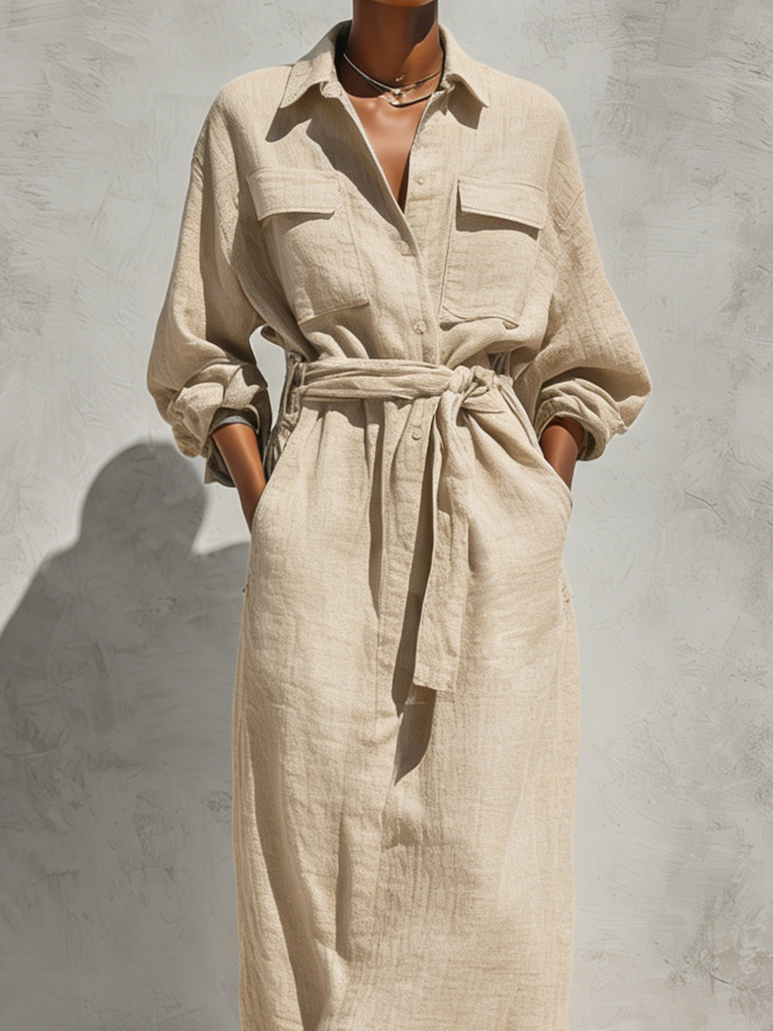 Women's Elegant Natural-colored Linen And Cotton Blend Long-sleeved Shirt Dress With A Loose Fit MDZ1366A7AN
