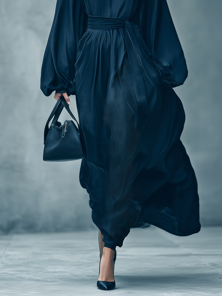 Women's Navy Blue Cotton Blend Deep V-neck Puff Sleeve Belted Long Dress MDA0951L9T