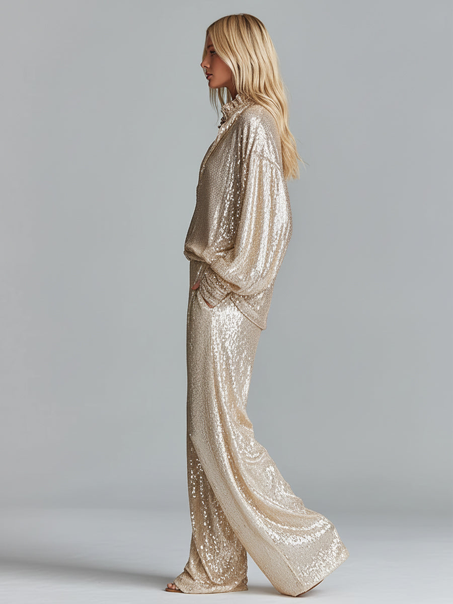 Women's Gold Glamorous Sequin Collared Half - Zip Wide - Leg Loungewear Party Set MDA2425I0I