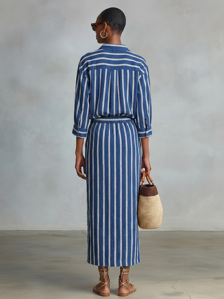 Women's Royal Blue White Stripe Cotton-Blend Co-Ord With Button Front Blouse & Elastic Waist Straight Maxi Skirt, Effortless-Chic Summer Daily Outfit MDZ2304F8LYL