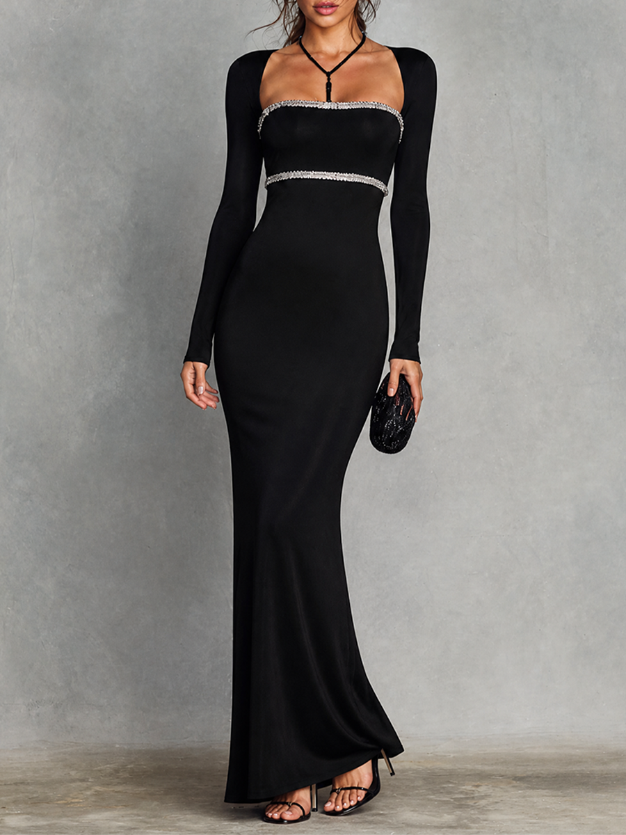 Women's Sweetheart Rhinestone Trim Long Sleeve Mermaid Maxi Evening Dress