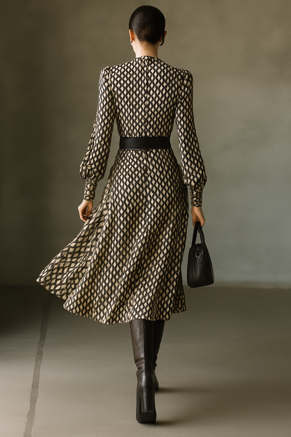 Women's Black And White Netted Chiffon Midi Dress (Without Belt) MDA0515H4T