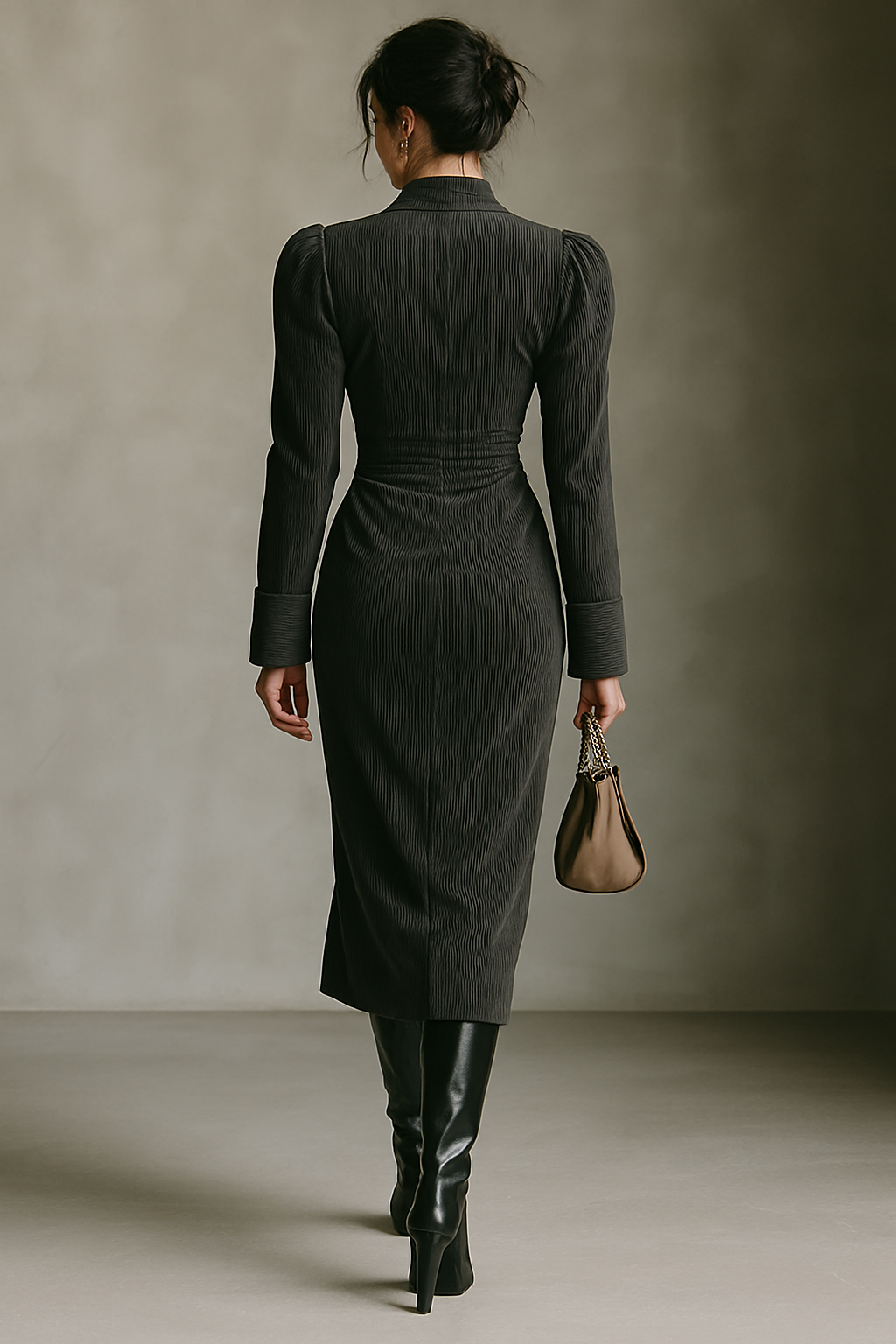 Women's Corduroy V-neck Waist Maxi Dress MDA0132H2T