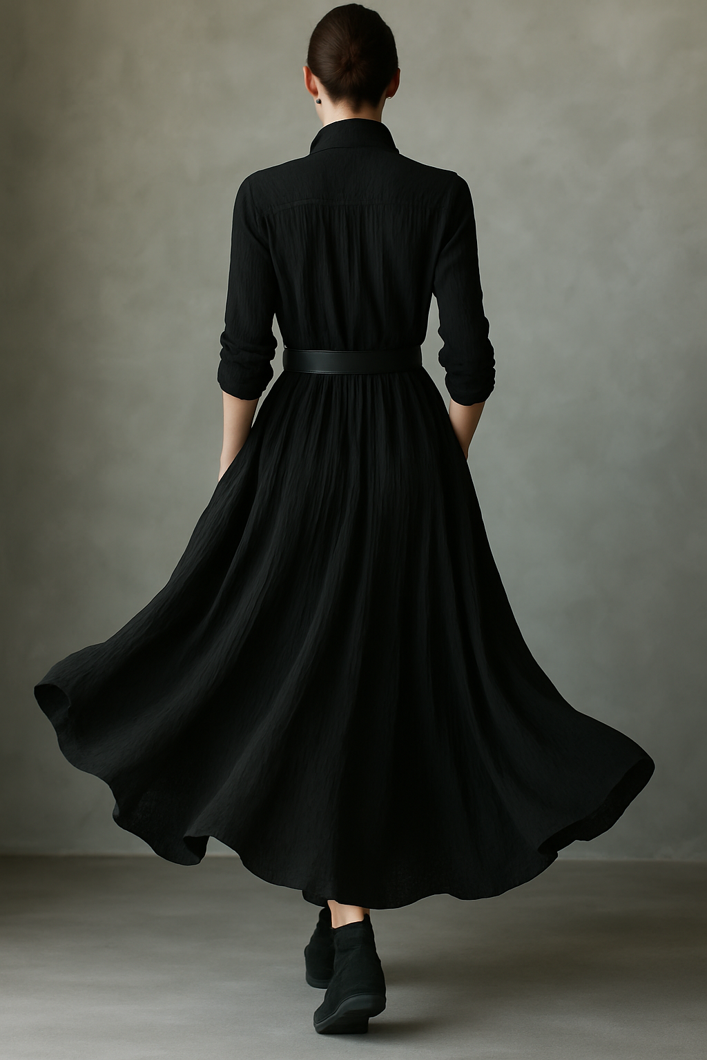 Women's Black Blend Textured Pleated Vintage Maxi Dress MDA0859H8T