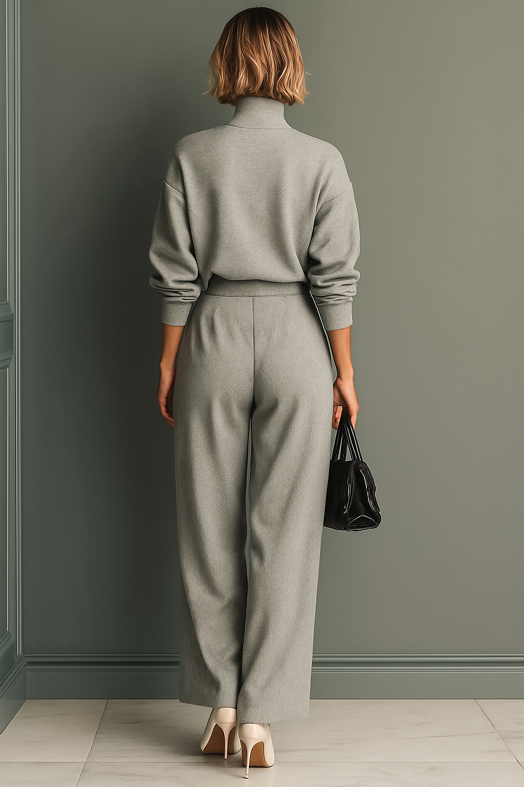 Women's Grey Blended Sweatshirt Wide-Leg Pants Set MDA1603H6T