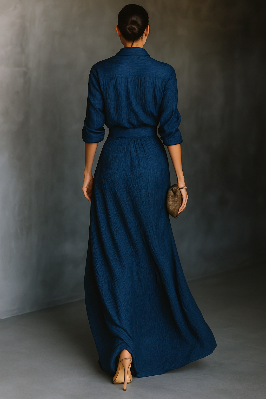 Women's Elegant Dark Blue Textured Pleated Fabric Shirt And Dress Set MDA0665H5T