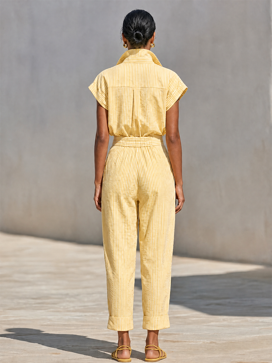 Women's Lemon Vertical Stripe Textured Co-Ord With Front Button Blouse & Side Pocket Tapered Trousers, Effortless-Chic Beach Casual Outfit MDZ2203F4LYL