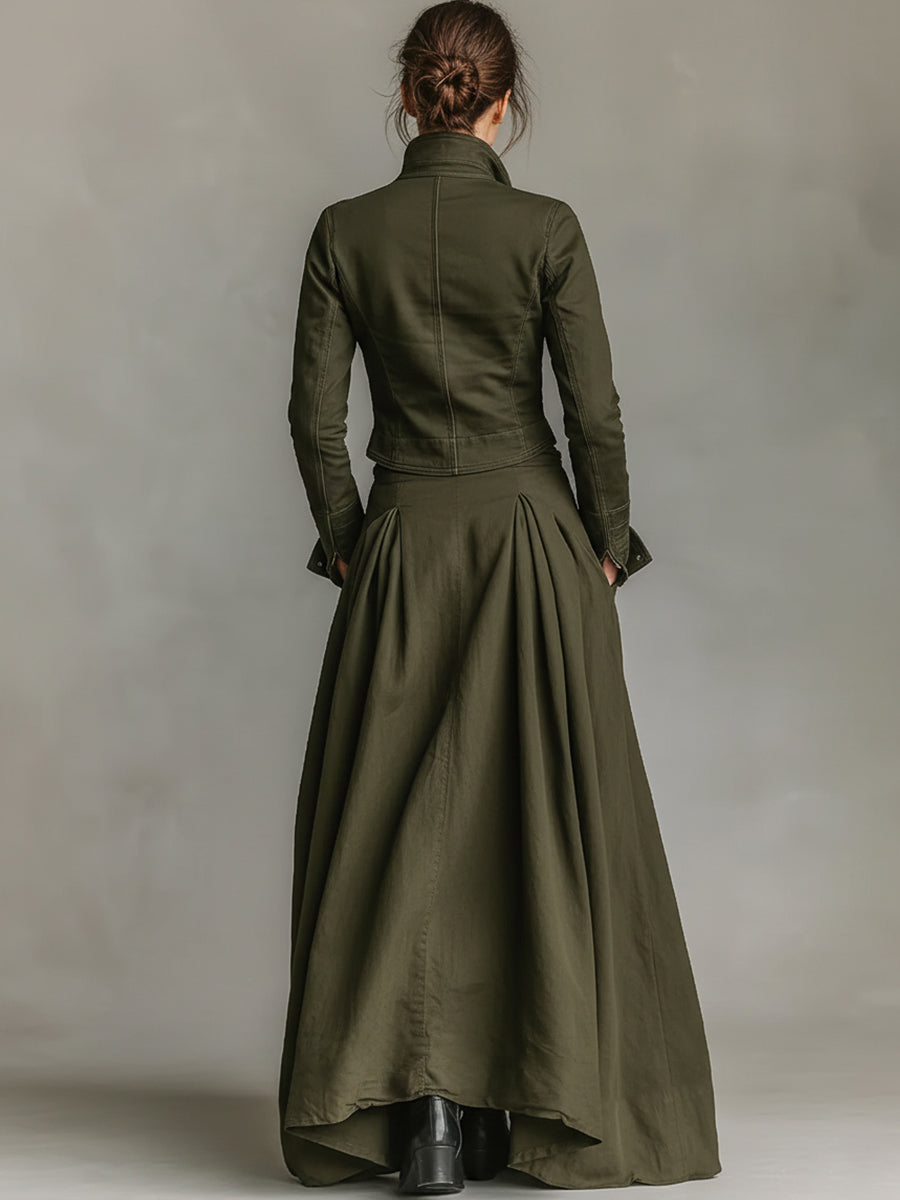 Women's Green Edgy 100% Cotton Zip - Front Cropped Jacket And Maxi Skirt Set MDA1819I7I