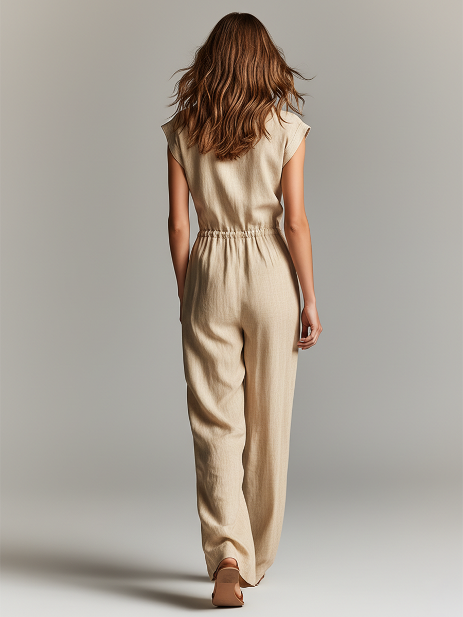 Women's Beige Linen Dress With Collared Neck & Drawstring Waist, Timeless Resort-Chic Style Dress MDZ0930B4I